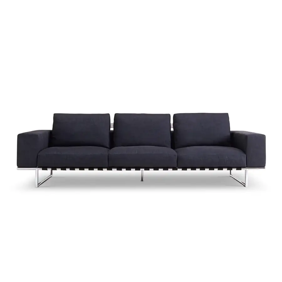 Distinguished 4 Mariani Kristall sofa with dark charcoal textile upholstery, leather straps wrapped around a chromed metal frame
