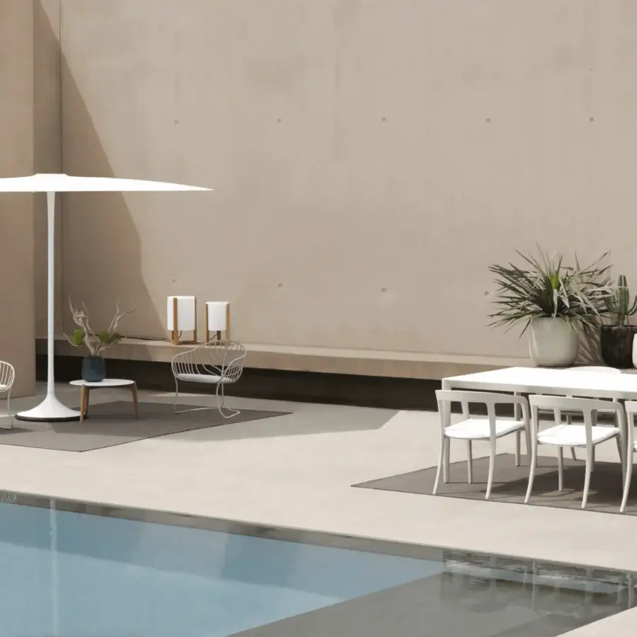 Distinguished Royal Botania Tristar floor lamp with teak wood frame and refined smoked glass lampshade casting a warm glow