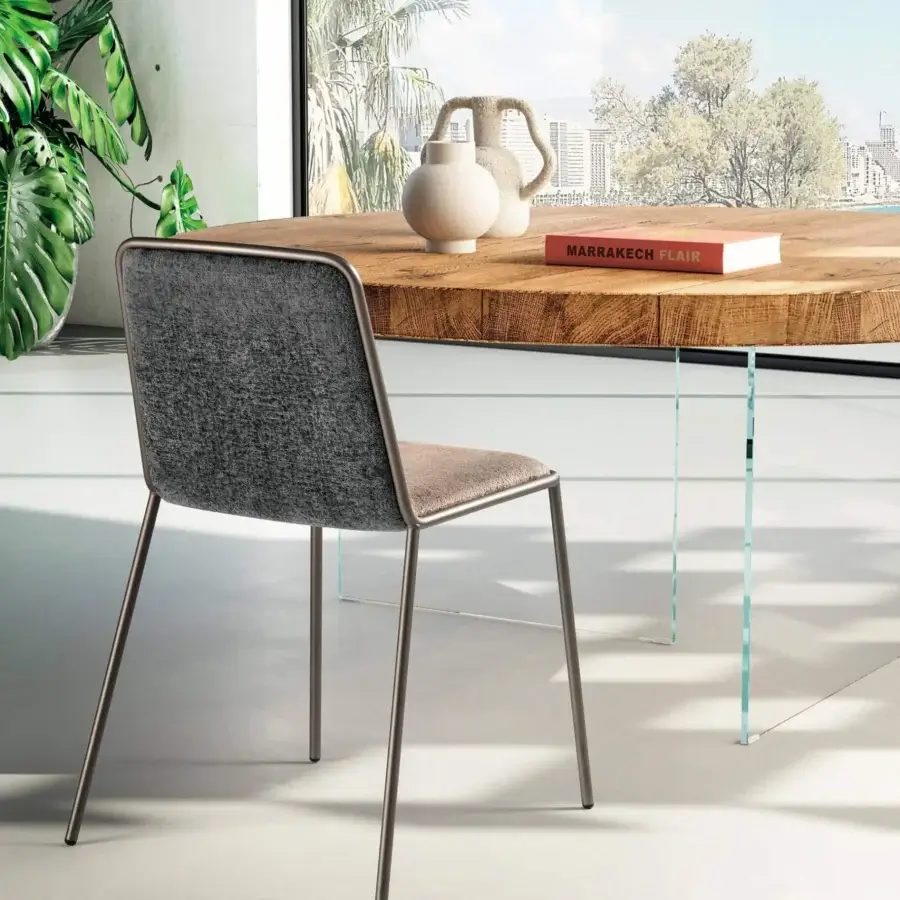 Exceptional Lago Pletra chair with gray textile upholstery and bronze-colored metal framing, showcasing a modern minimalist design crafted in Italy