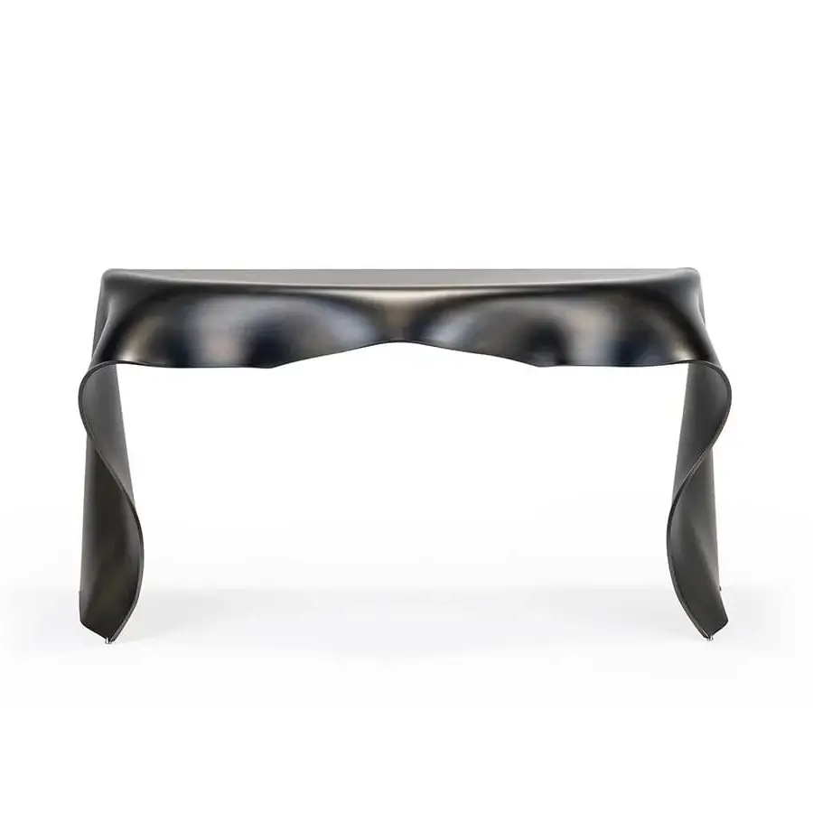 Distinguished Reflex Foulard console with curved extra-clear glass and dark brass satin finish in continuous gray tones