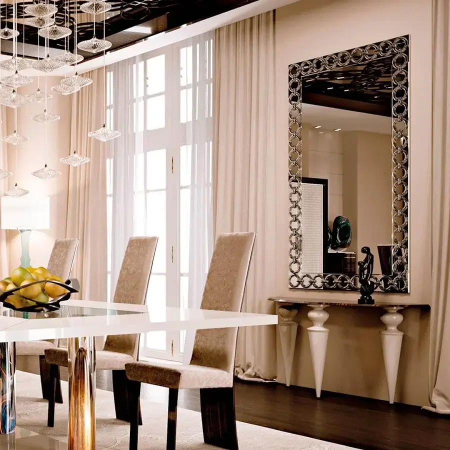 Exceptional Reflex Gran Canal console with shaped clear glass, a beveled edge and glossy white Murano glass legs