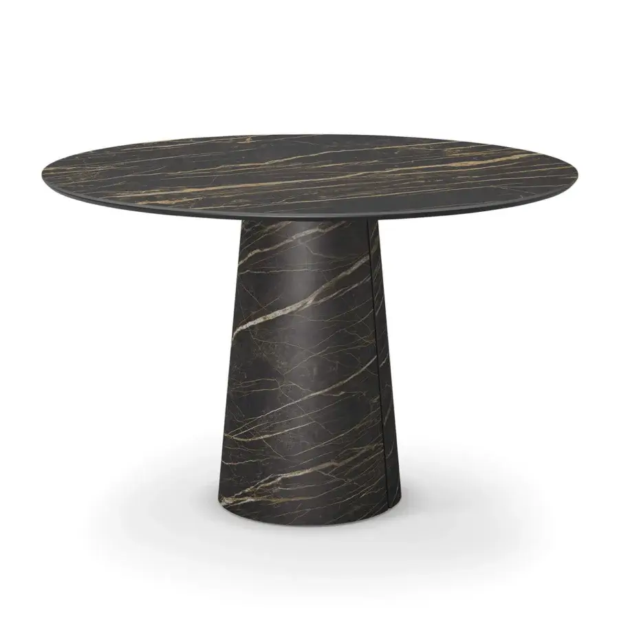 Exceptional Cattelan Italia Cuba Keramik bistrot table built with a dark marbled Keramik top and cylindrical base showcasing a monolithic finish