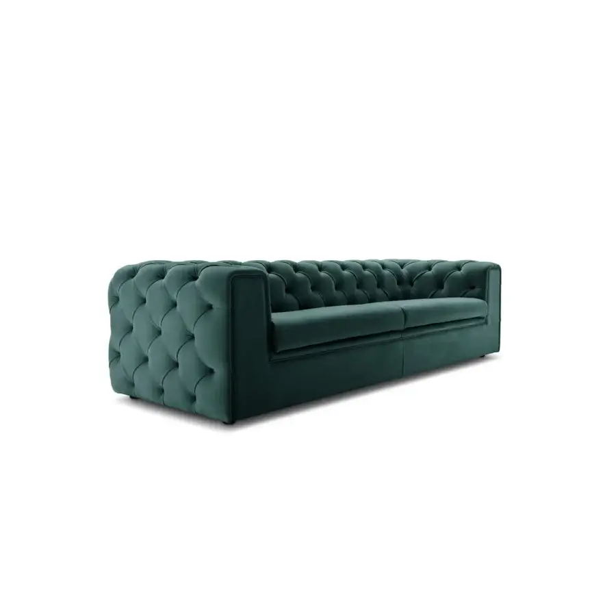 Superior 4 Mariani Tudor sofa handcrafted in Italy with deep teal velvet upholstery and distinctive button-tufted detailing