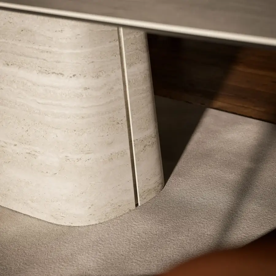 Cutting-edge Cattelan Italia Napoleon table with sculpted ceramic base and marbled light beige finish