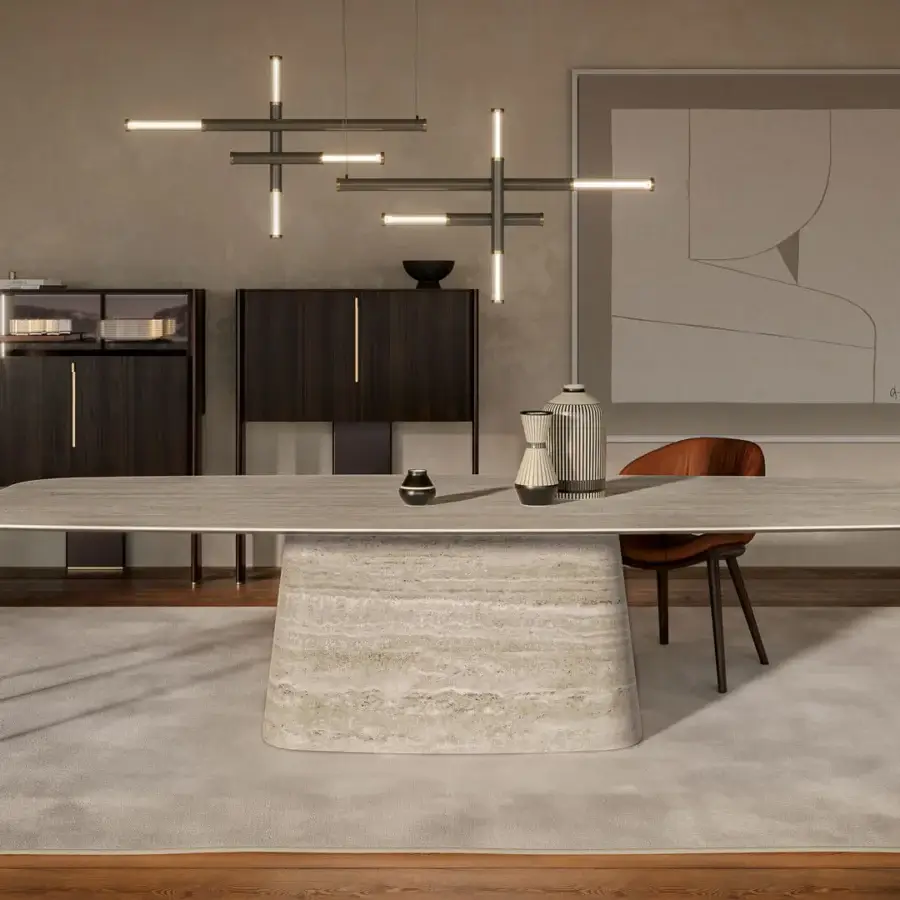 Distinguished Cattelan Italia Napoleon table with light beige Keramik top and uniquely sculpted layered Keramik base showcasing marble-inspired finish