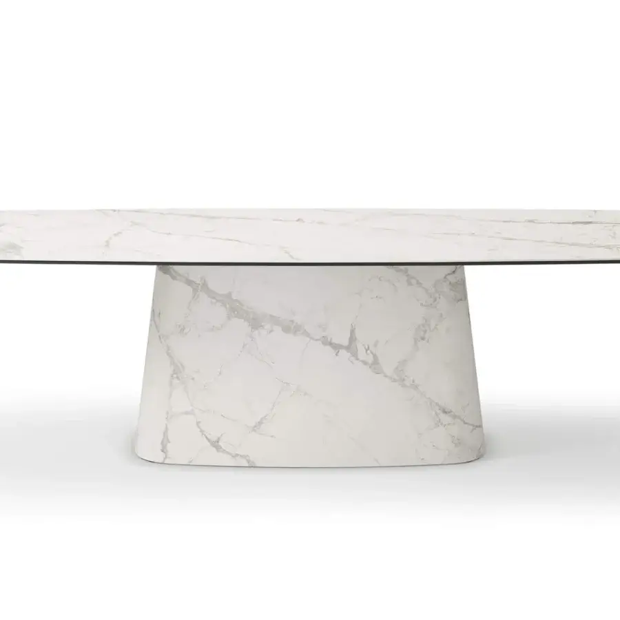 Elegant Cattelan Italia Napoleon table with white and grey marbled ceramic top and sculpted ceramic pedestal base