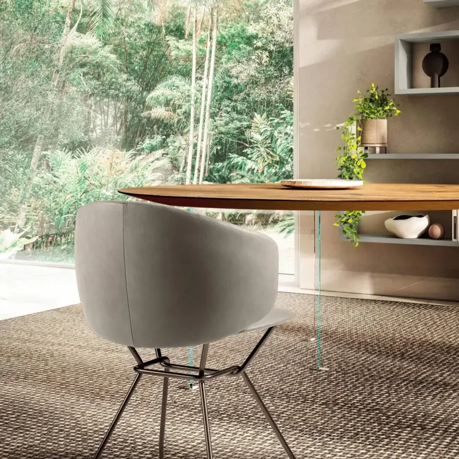 Distinguished Lago Ruffle chair with quilted matte gray textile and slender metal legs emphasizing Italian craftsmanship