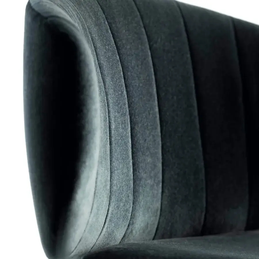 Superior Lago Ruffle chair with tailored quilted dark muted gray textile and slender metal legs