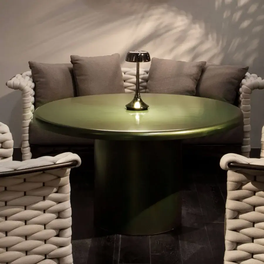 Exceptional Rugiano Elba table crafted in Italy with a green bronze finish and smooth glossy surface