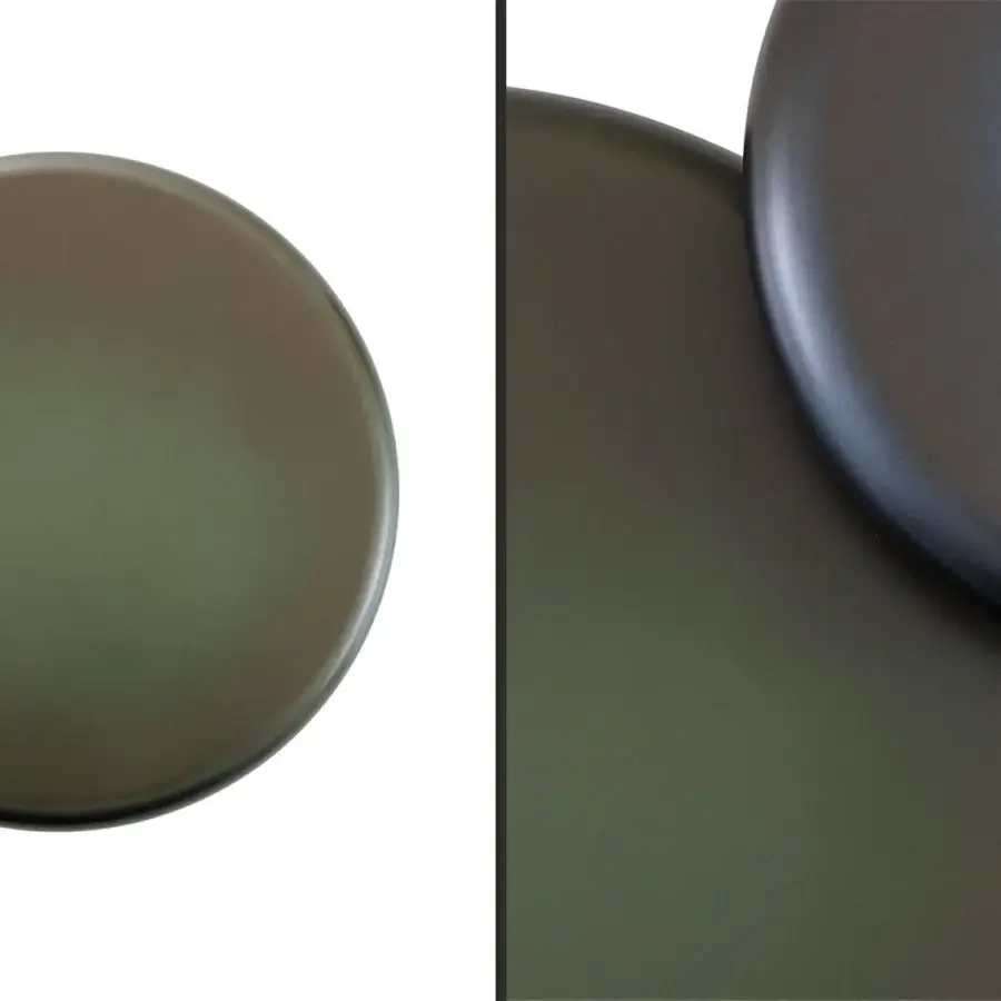 Elegant Rugiano Elba table with a circular top in green bronze exhibiting a smooth matte finish