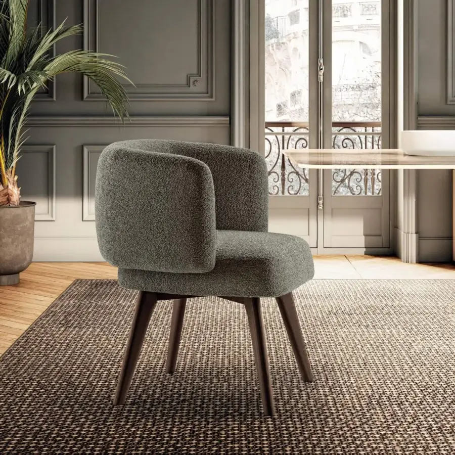 Exceptional Lago Zeppelin armchair with abundant padding, gray textured textile upholstery and gently outward-angled dark wooden legs