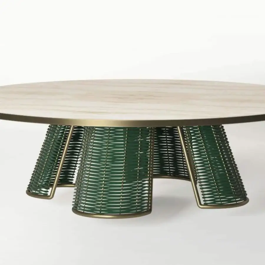 Superior Rugiano Marina Royal table with light beige Calacatta marble tabletop and dark green woven rope base built in bronze metalwork