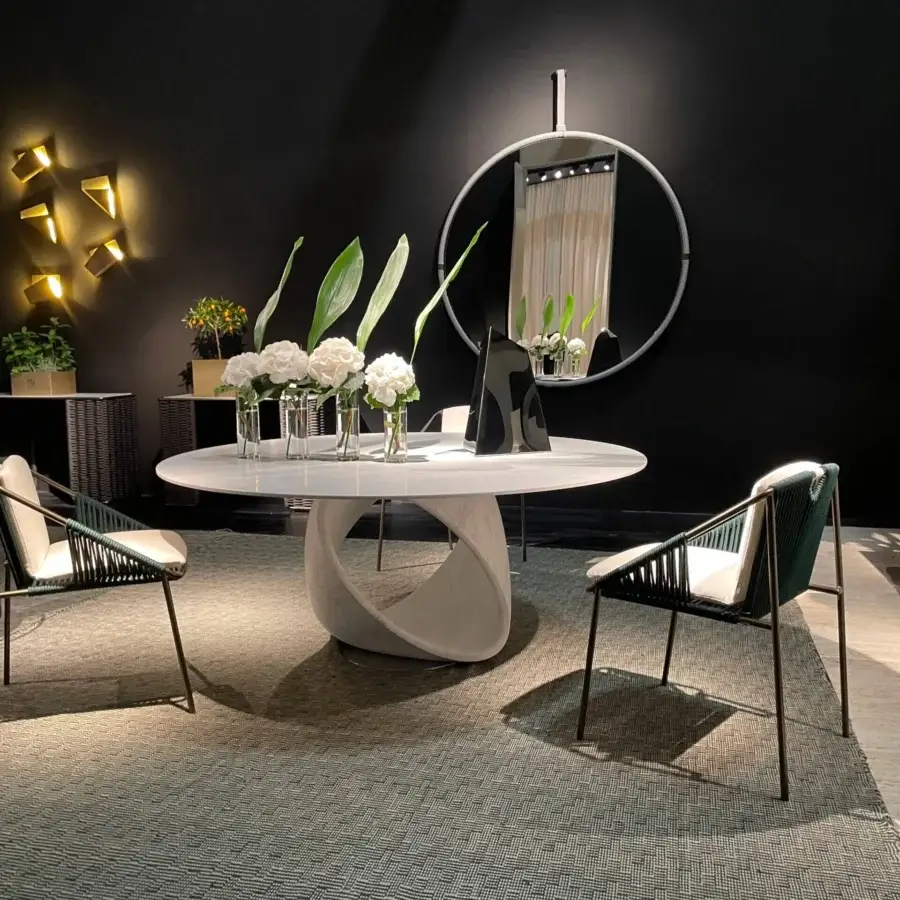 Exceptional Rugiano Otello table crafted with circular Grigio Italia Marble top and base in smooth matte finish