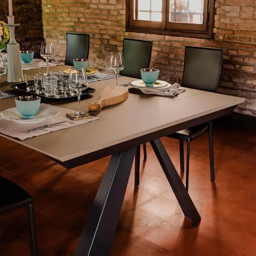 Exceptional Cattelan Italia Convivium extendable console built with walnut laminated wood and graphite embossed lacquered steel