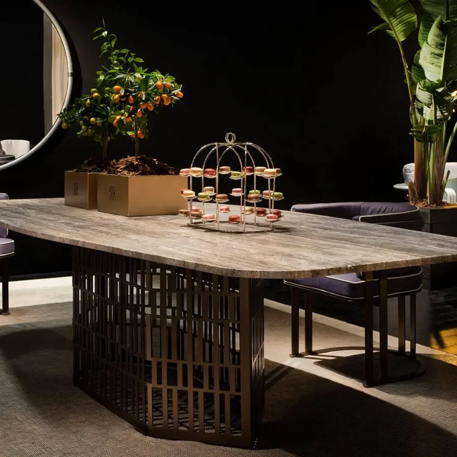 Elegant Rugiano Slice table with broad Gaya Grey marble tabletop and Outdoor Bronze steel latticework base
