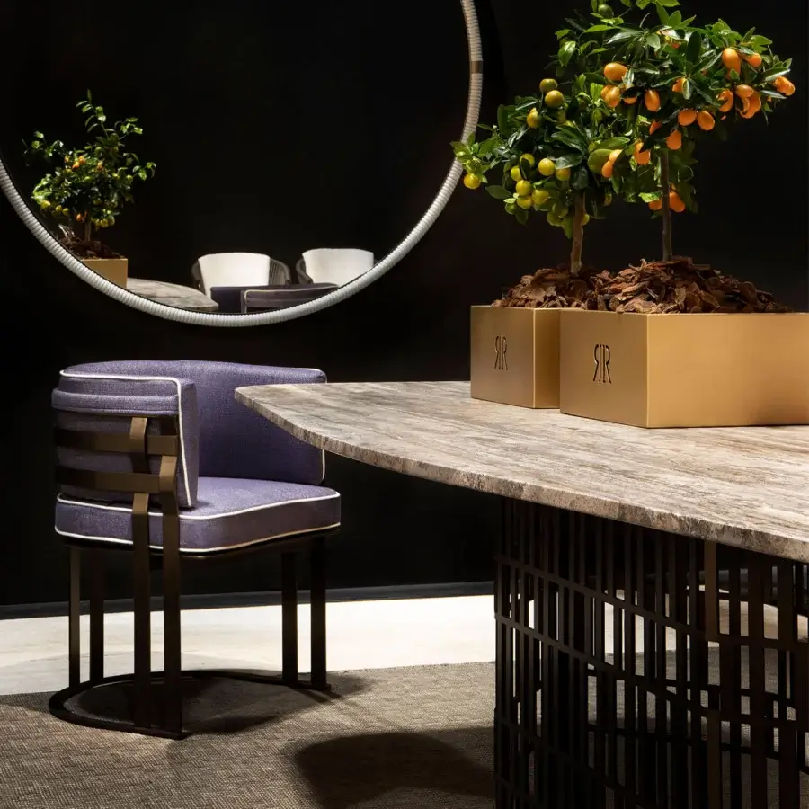 Distinguished Rugiano Slice table with semi-circular Gaya Grey marble tabletop and Outdoor Bronze steel base crafted with a matte finish