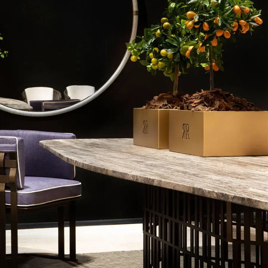 Exceptional Rugiano Slice table with semi-circular Gaya Grey marble top and steel Outdoor Bronze base