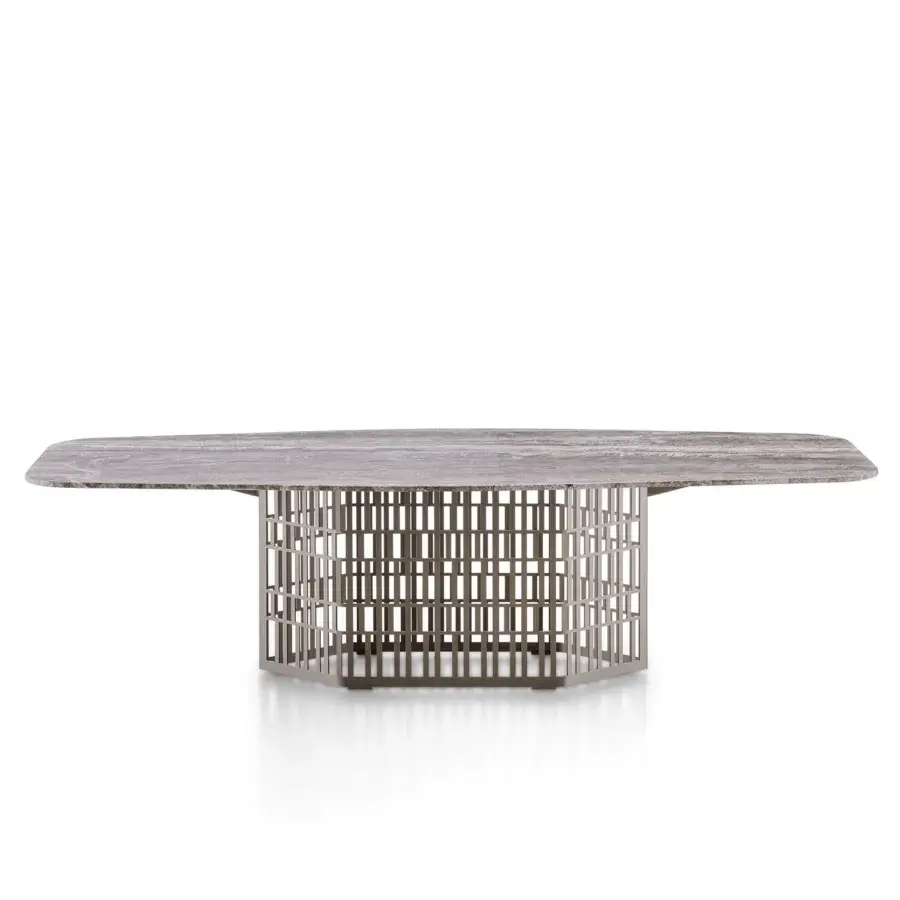 Superior Rugiano Slice table with geometric Gaya Grey marble tabletop and open Outdoor Bronze steel base