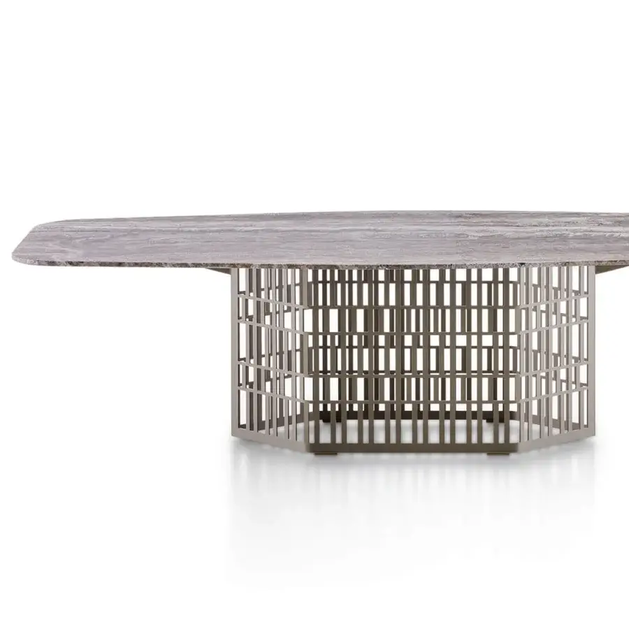 Distinguished Rugiano Slice table with Gaya Grey marble top and Outdoor Bronze steel cage-like base crafted in a matte finish