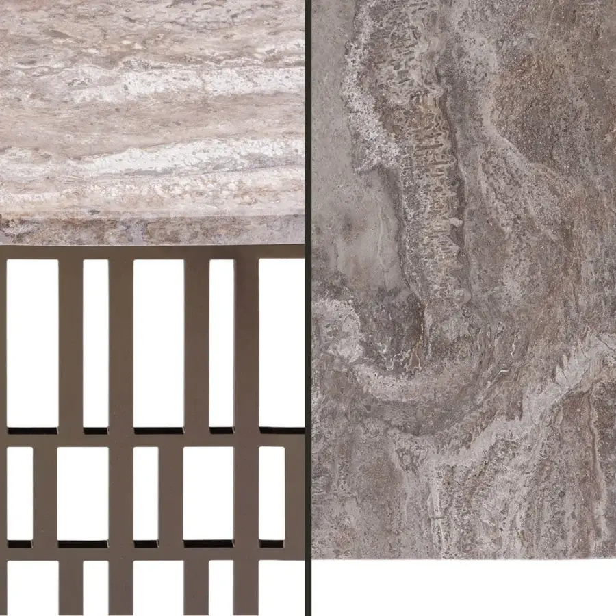 Superior Rugiano Slice table with exquisite Gaya Grey marble top and Outdoor Bronze steel base