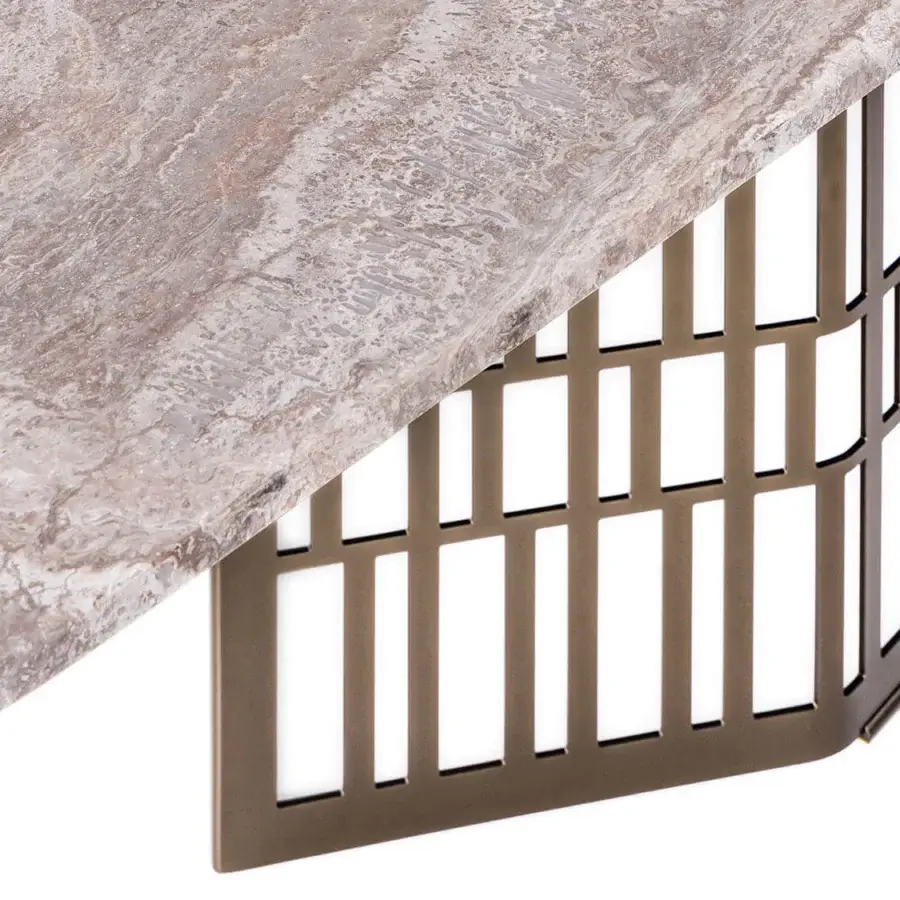 Exclusive Rugiano Slice table with Travertino marble top and Outdoor Bronze steel base