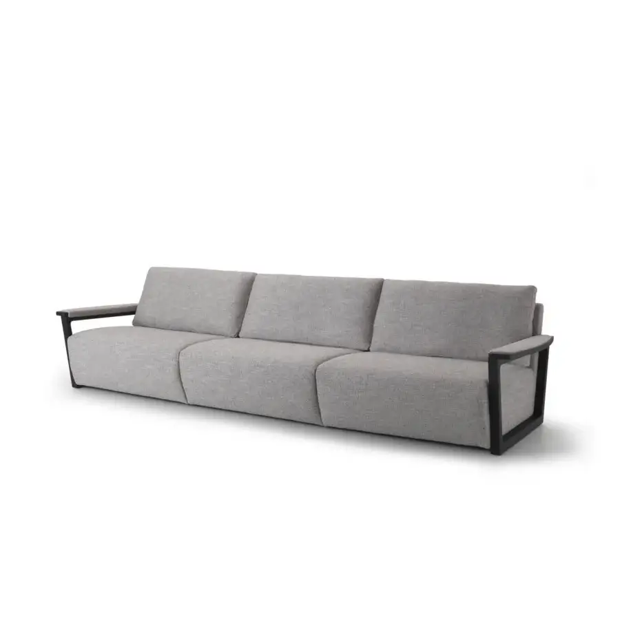 Distinguished 4 Mariani Fellini sofa with a low profile and geometric frame in a dark matte finish upholstered in light gray textile with poplar wood armrests