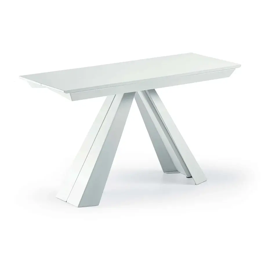 Distinguished Cattelan Italia Convivium extendable console with embossed white lacquered steel base and smooth matte white climb laminated wood top