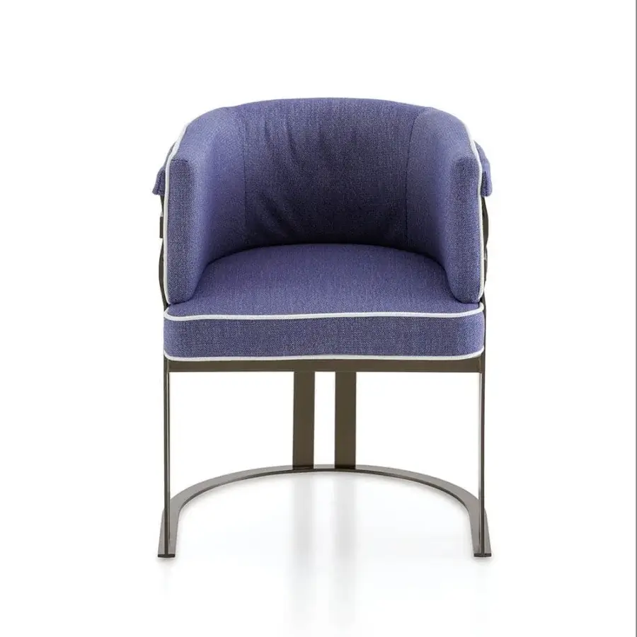 Exclusive Rugiano Arena armchair with textured blue fabric upholstery and dark matte Outdoor Bronze metal frame