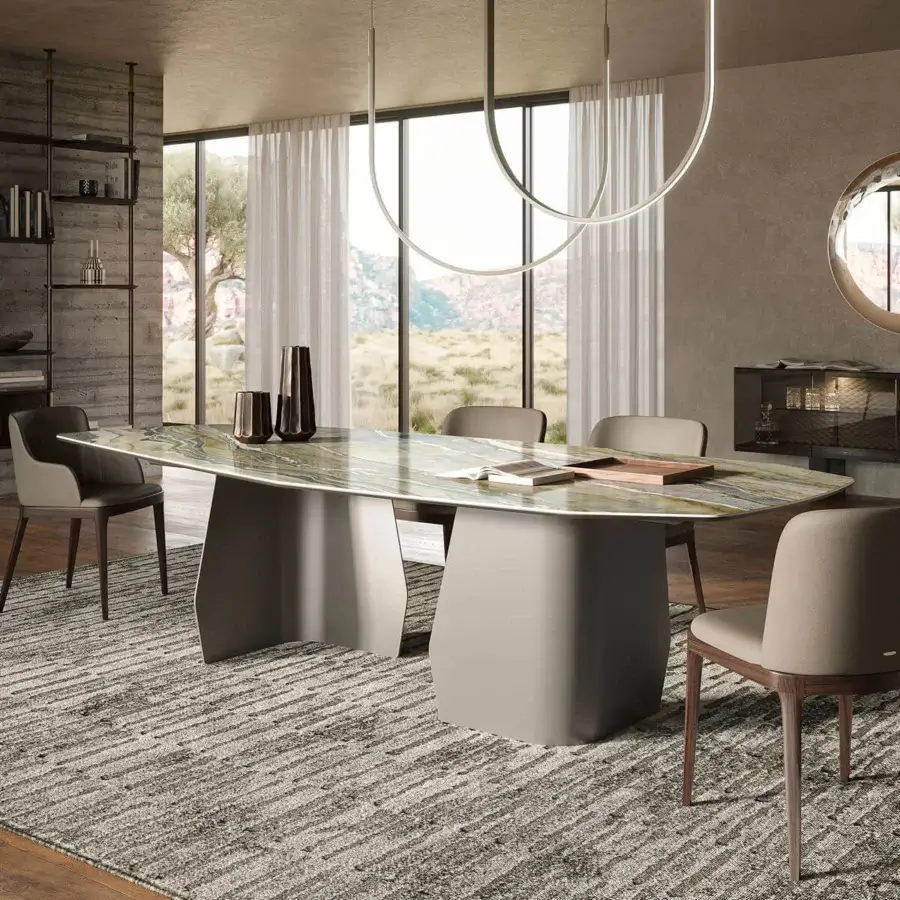 Captivating Cattelan Italia Senator Keramik table with veined green, beige, and brown ceramic top and light-gray pedestal bases, finished with a modern matte texture