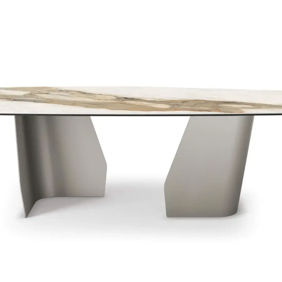 Superior Cattelan Italia Senator Keramik table with marbled white, beige, and brown ceramic and light gray matte metal pedestal base
