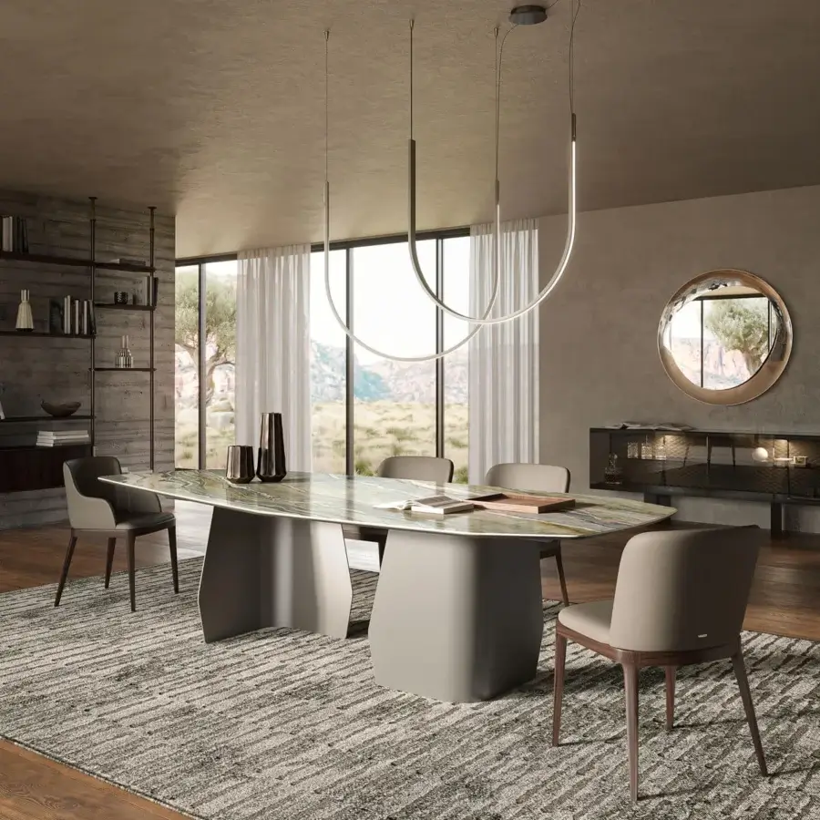 Elegant Cattelan Italia Senator Keramik table with marbled green, gray, and beige ceramic and glossy finish