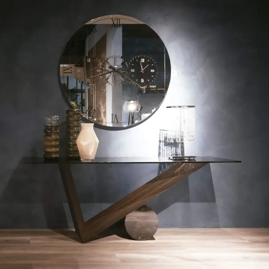 Exceptional Cattelan Italia Valentino console with Canaletto walnut base and transparent glass top in striking Travertine marble
