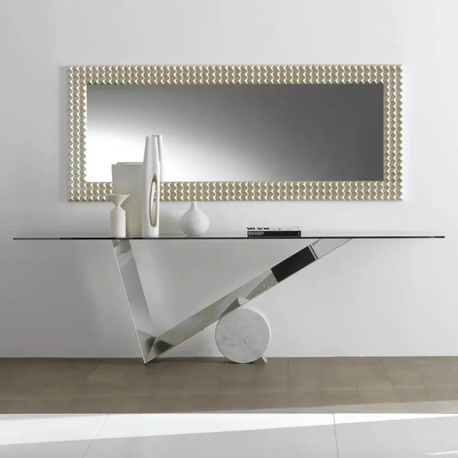 Sophisticated Cattelan Italia Valentinox console with clear glass top and polished stainless steel base, accented with white Carrara marble