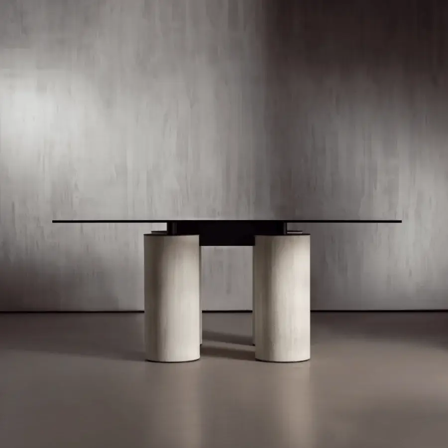 Elegant Acerbis Serenissimo table with transparent glass top and encaustic treated base presenting a geometric silhouette
