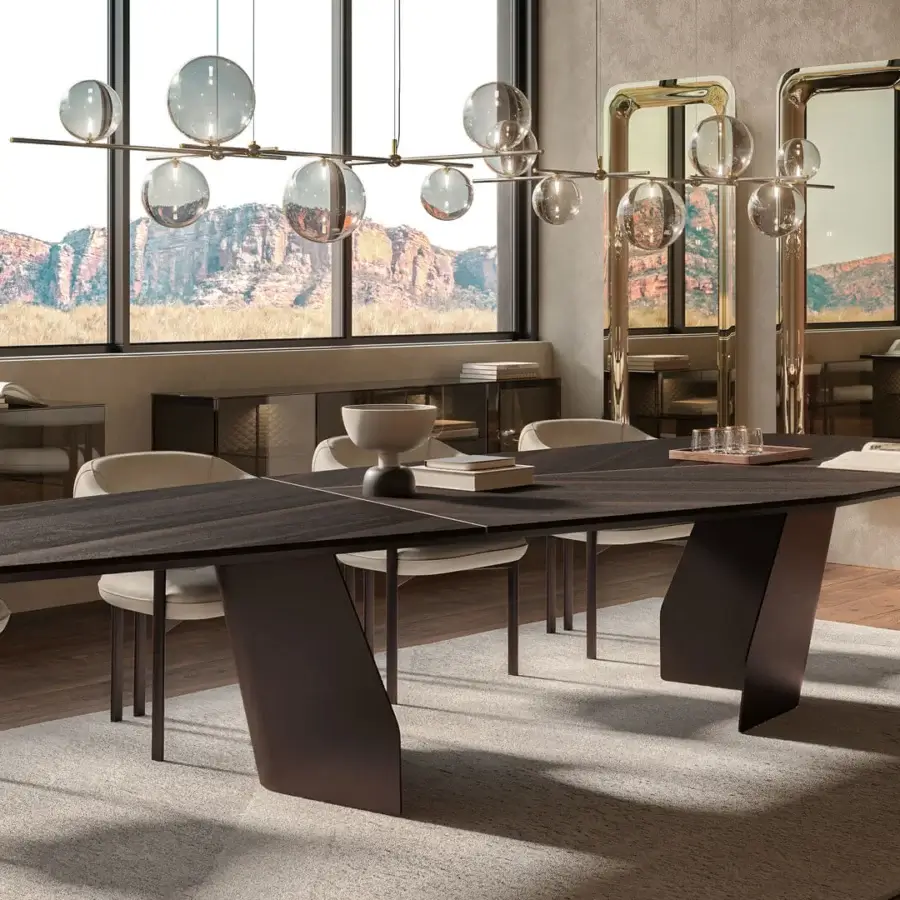 Exceptional Cattelan Italia Senator Wood table with a dark wood-like surface and chevron pattern in a matte finish