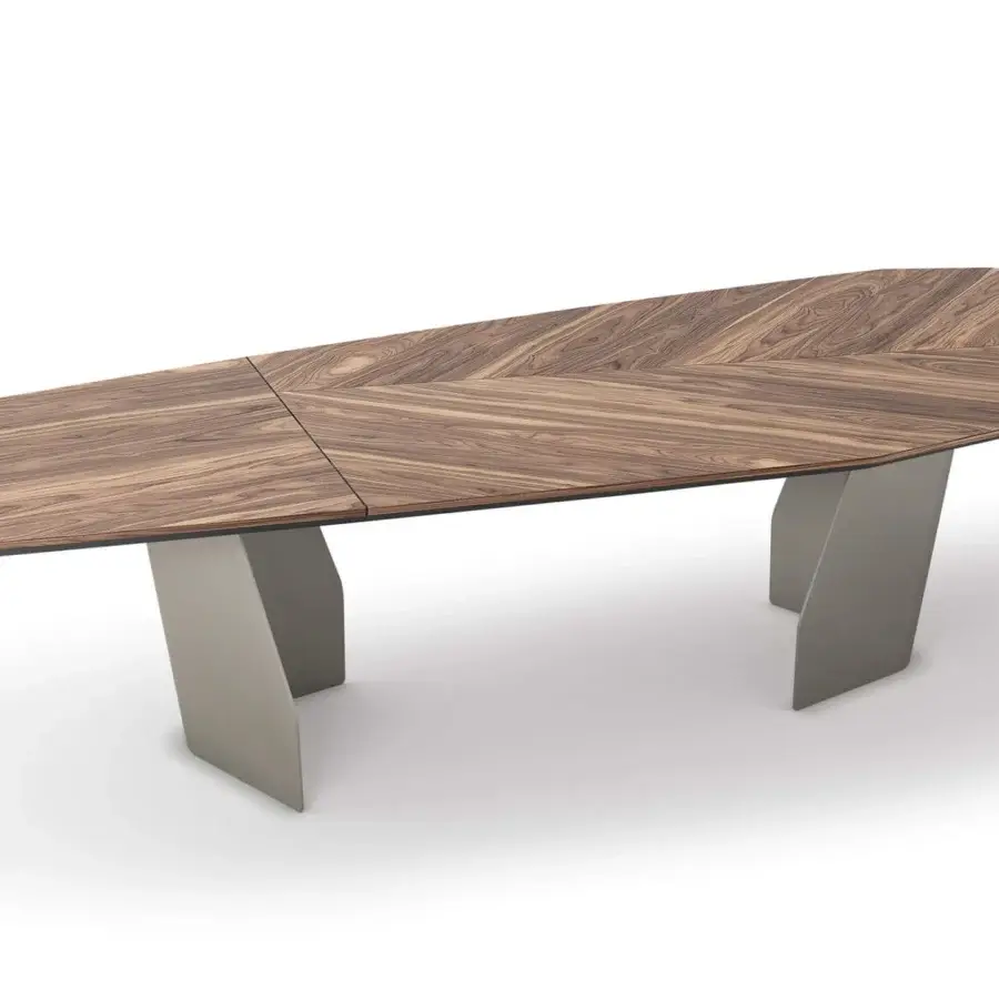Distinguished Cattelan Italia Senator Wood table with chevron grain and light gray angled metal legs in matte finish