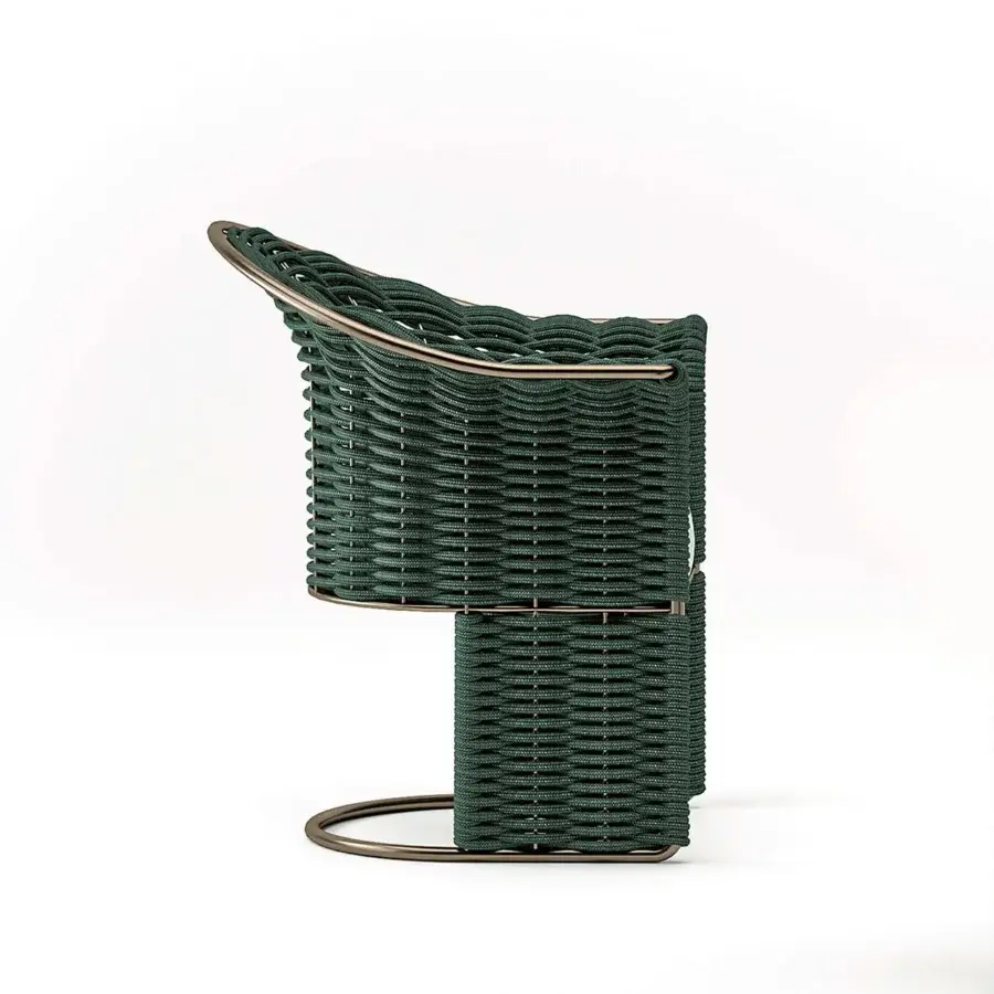 Exceptional Rugiano Marina armchair with dark green woven synthetic rope and Outdoor Bronze metal frame