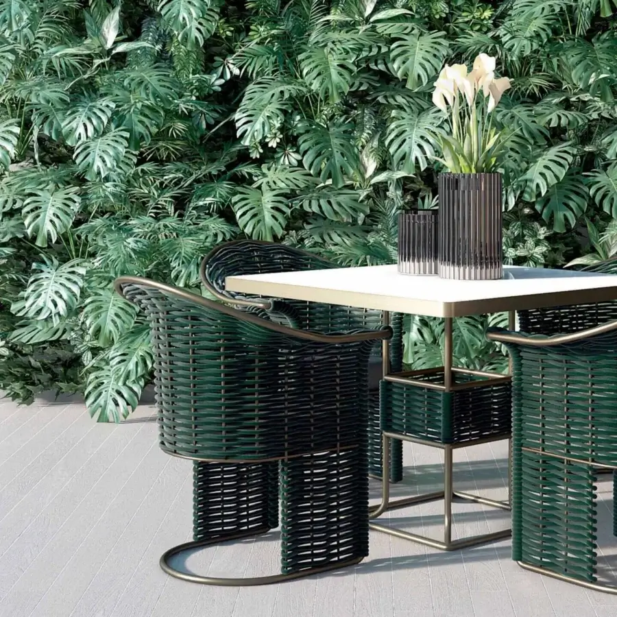 Elegant Rugiano Marina armchair with dark green woven rope and Outdoor Bronze Metal finish