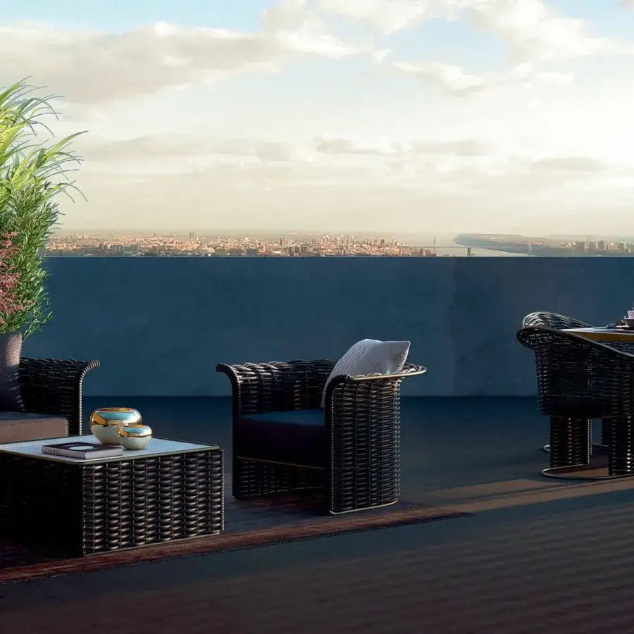 Superior Rugiano Marina armchair with dark woven rope, plush textile cushion and Outdoor Bronze metal finish