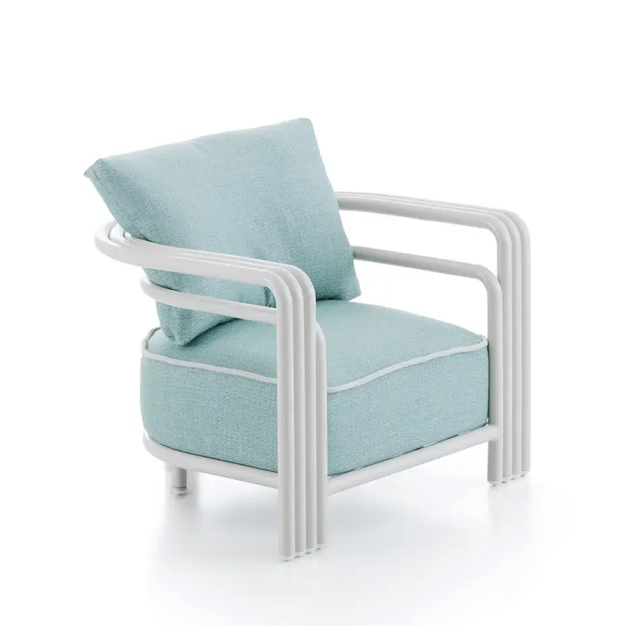 Distinctive Rugiano Capri lounge chair with sleek metal frame in Sand finish and light blue textured textile cushions with white piping