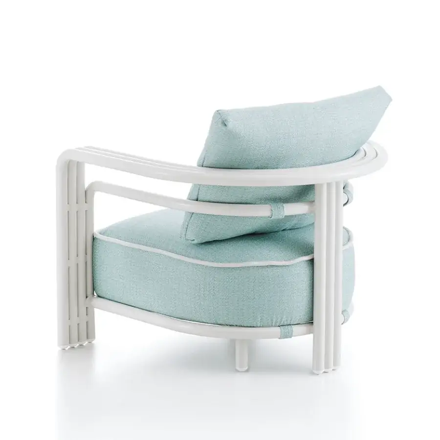 Exceptional Rugiano Capri lounge chair with light blue textile cushions and sleek metal frame in Sand finish