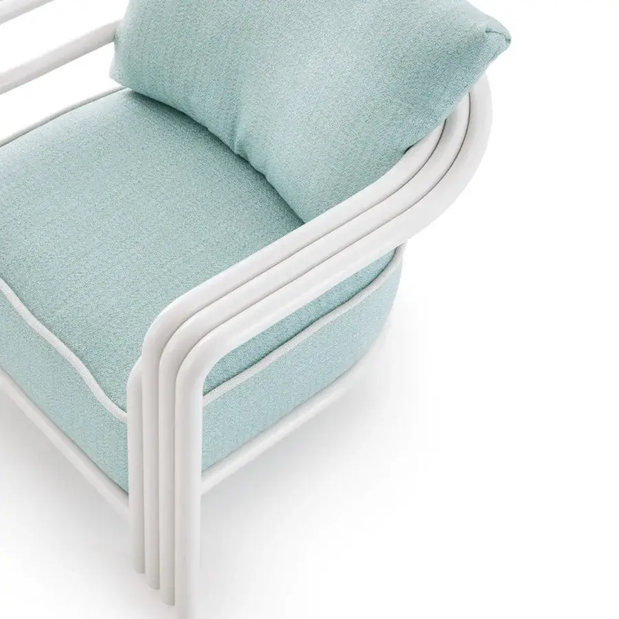 Superior Rugiano Capri lounge chair with plush light blue cushions and sleek metal frame in Sand finish