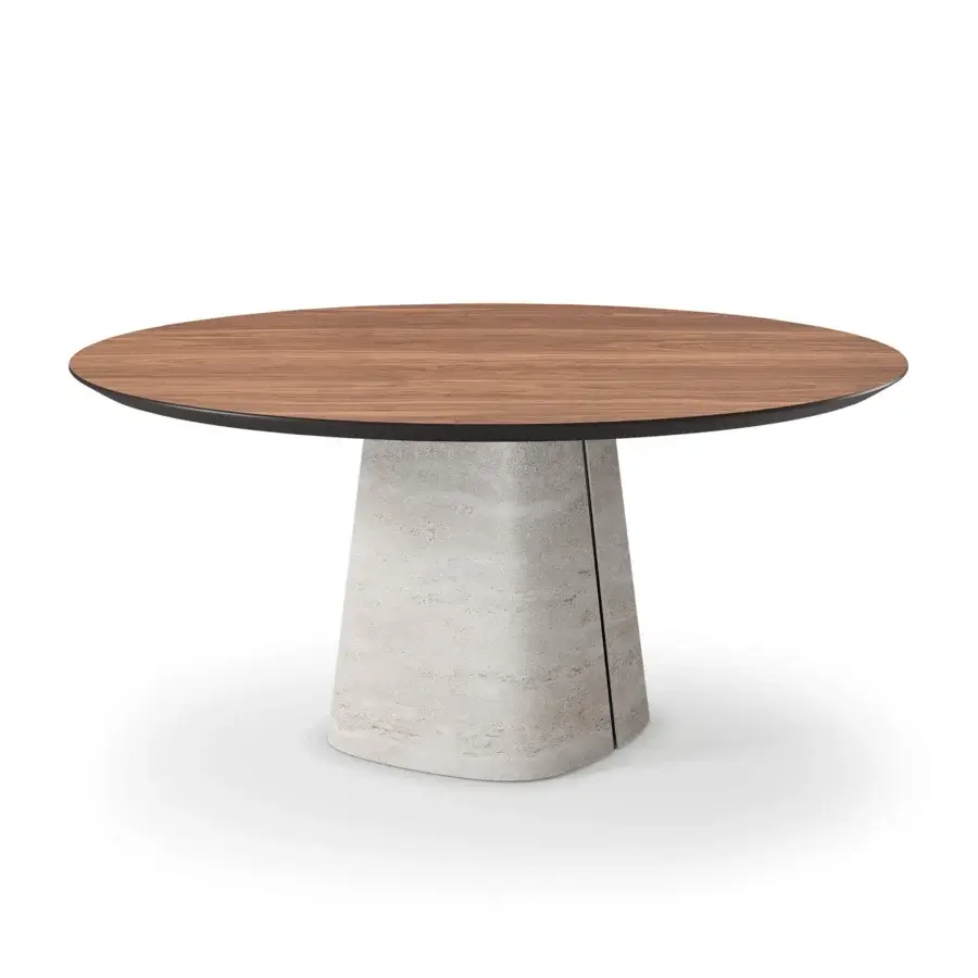 Cutting-edge Cattelan Italia Rado Wood round table with a warm brown wood top and textured matte stone-like ceramic base crafted in Italy