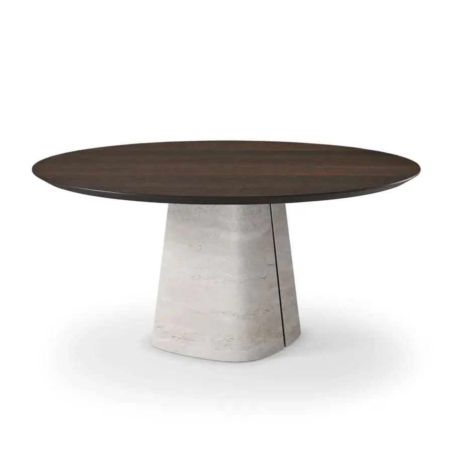 Distinguished Cattelan Italia Rado Wood round table with dark brown wood and a light porous matte stone base crafted with ceramic modelling