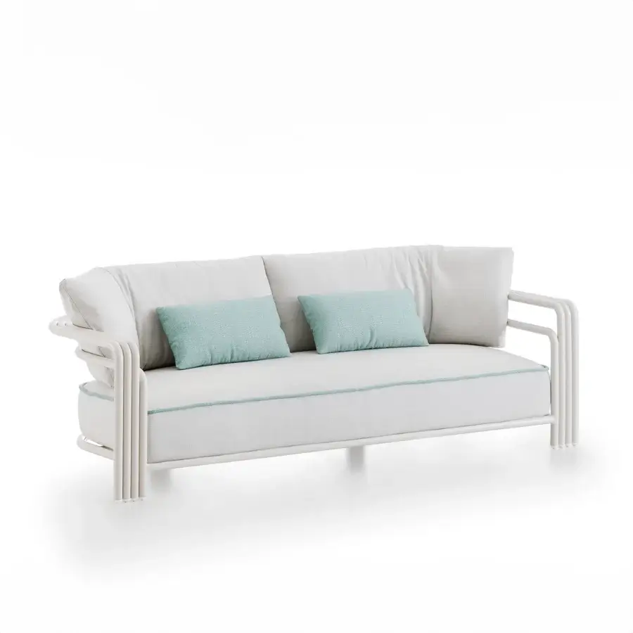 Exceptional Rugiano Capri sofa with white cushions enveloped in textured textile and a Sand finish
