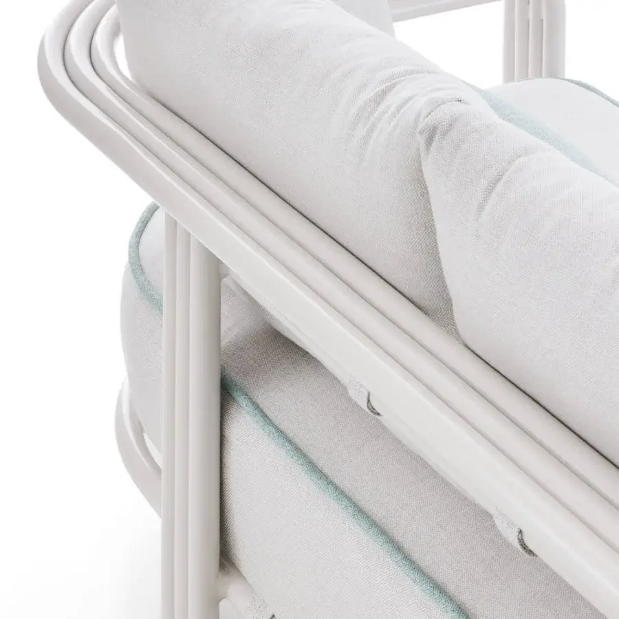 Sophisticated Rugiano Capri sofa with plush light gray cushions and subtle light blue seams built with a sleek Sand metal frame
