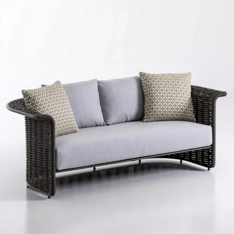 Exceptional Rugiano Marina sofa with resilient light gray fabric and dark brown woven rope accents built with a metal frame