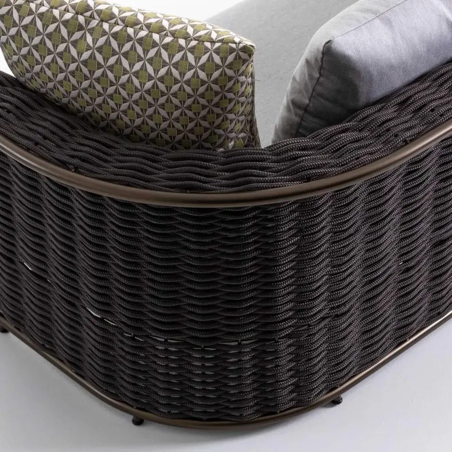 Superior Rugiano Marina sofa crafted with dark brown woven synthetic rope and bronze metal, including light gray cushions