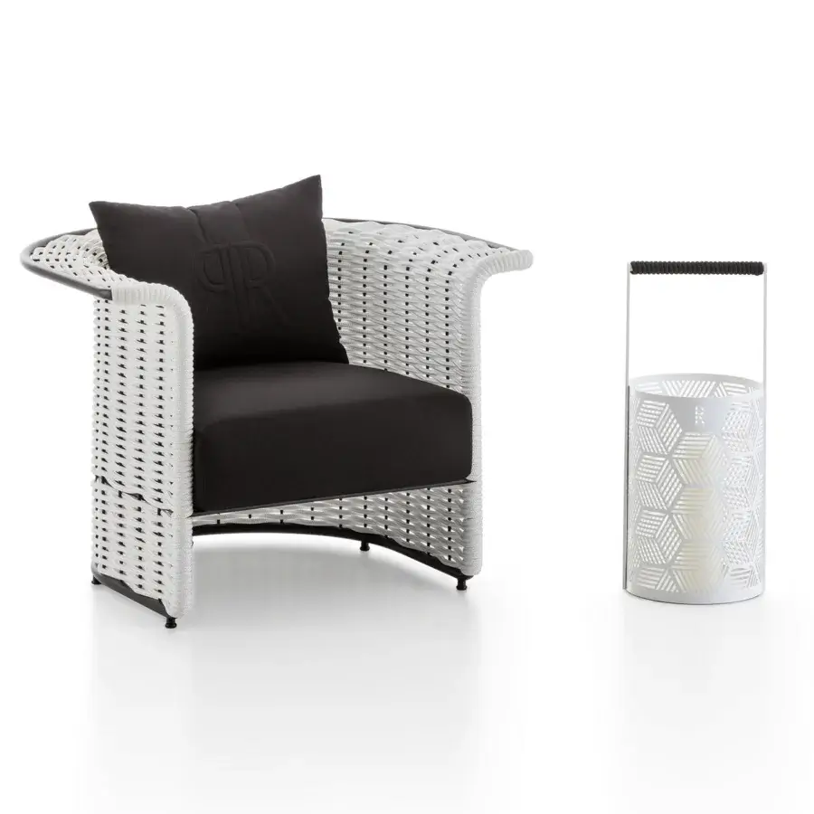 Superior Rugiano Marina lounge chair with white woven rope and dark gray comfortable cushion construction