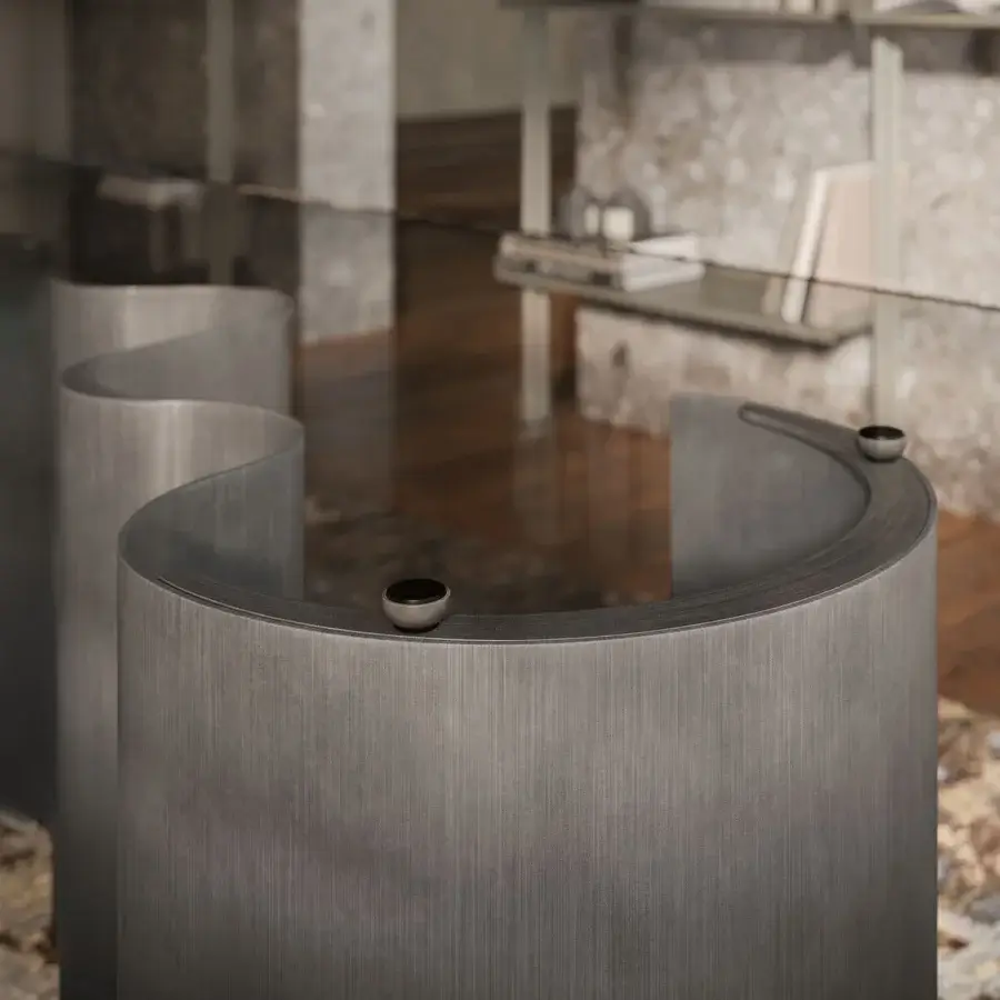 Superior Cattelan Italia Papel table with a sinuous metal base and brushed glass top